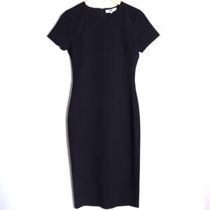 MILLY Fitted Short Sleeve Midi Sheath Dress Black High Neck Women's 4